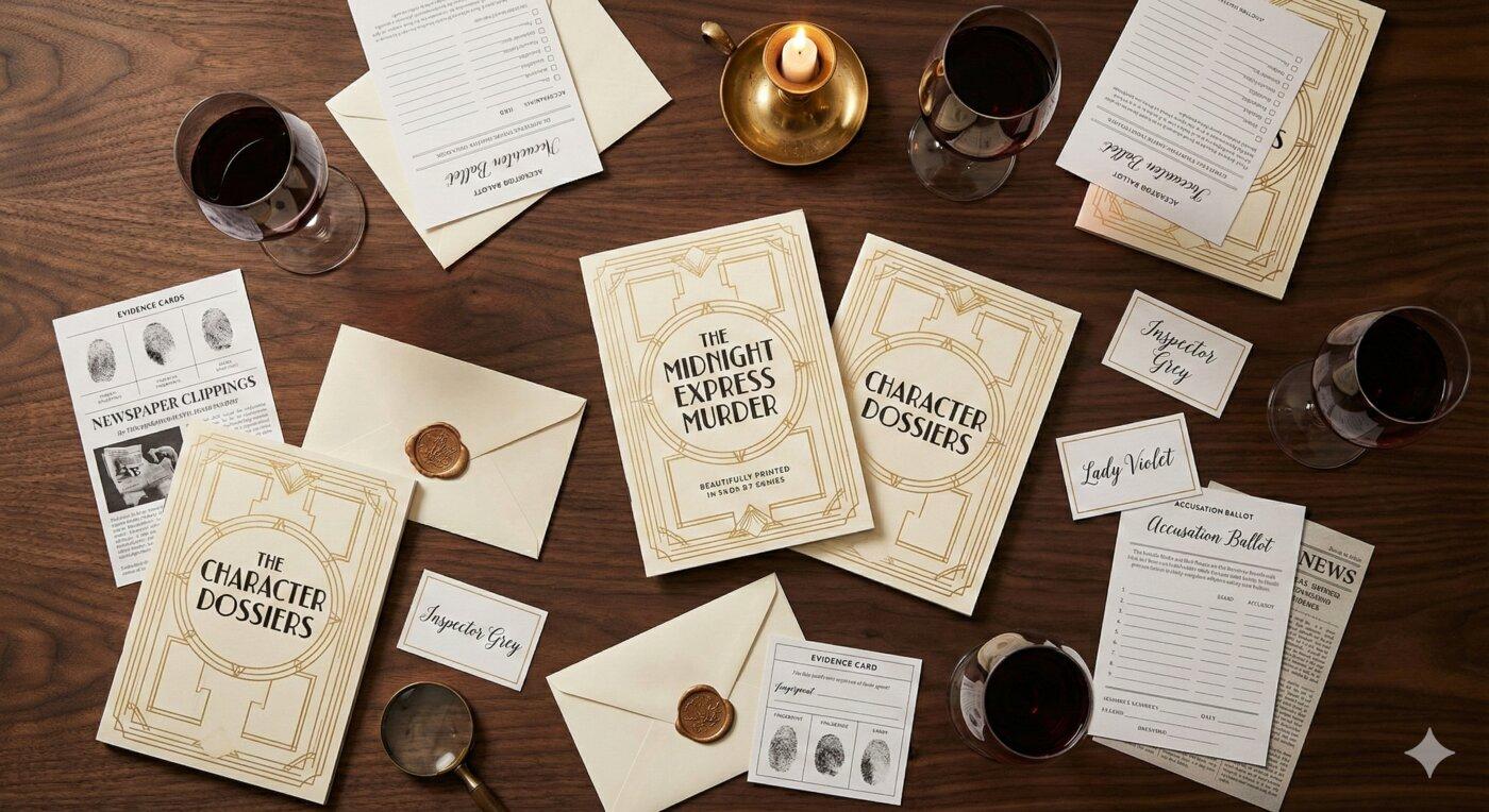 A complete murder mystery kit spread out on a table — character dossiers, evidence cards, name tags, accusation ballots, and sealed envelopes